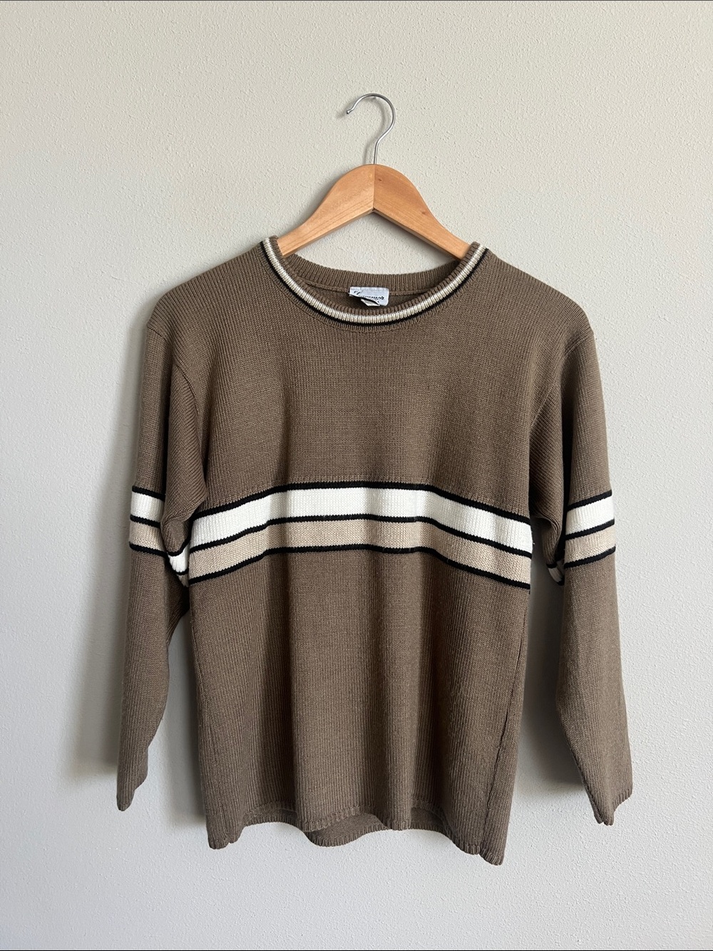 Women's Taupe Crewneck Sweater with White Stripe Detail
